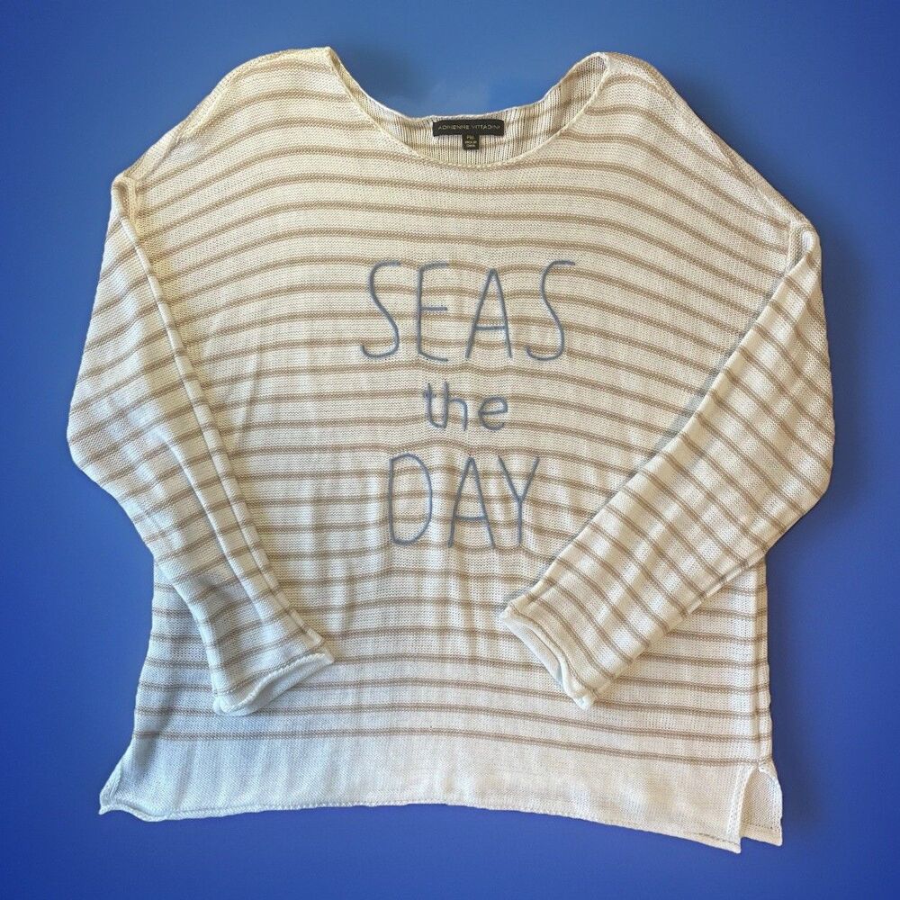 NWT Adrienne Vittadini White and Tan Striped Sweater “Seas the Day” Sz PXL